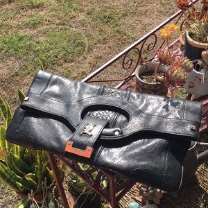 L.A.M.B. blk leather clutch/tote